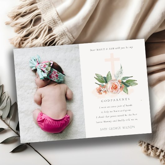 Peach Roos Floral Photo Godparent proposal Invite Bedankkaart