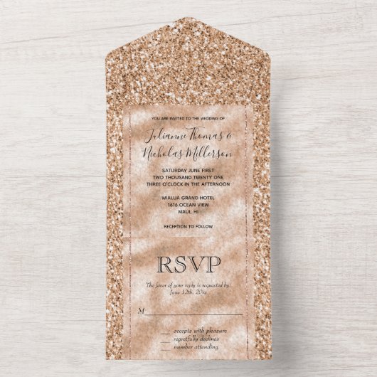 Peach Roos Gold Blush Glitter Glitz All In One Uitnodiging (Binnen)