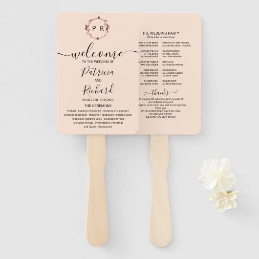 Peach Roos Gold Foil Weddenprogramma Handje Fan Handwaaier (Voorkant en achterkant)
