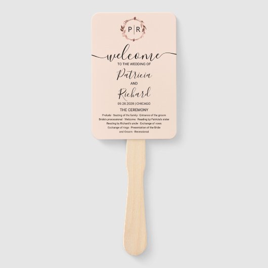 Peach Roos Gold Foil Weddenprogramma Handje Fan Handwaaier (Voorkant)