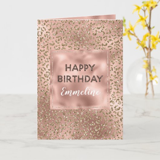 Peach Roos Gold Leopard Print Glitter Verjaardag Kaart (Gele Bloem)