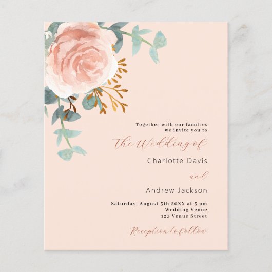 Peach roos gouden QR RSVP budget bruiloft uitnodig (Voorkant)