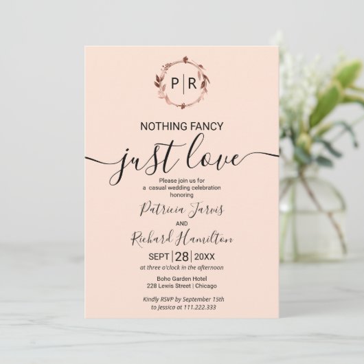 Peach Roos Monogram Calligraphy Photo Weddenschap Kaart (Staand voorkant)