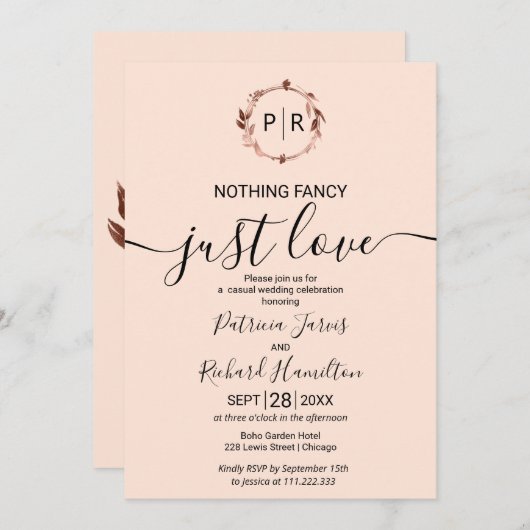 Peach Roos Monogram Calligraphy Photo Weddenschap Kaart (Voorkant / Achterkant)