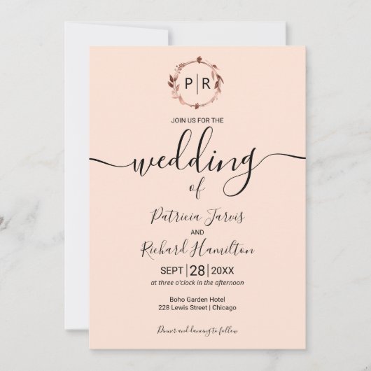 Peach Roos Monogram Calligraphy Photo Weddenschap Kaart (Voorkant)