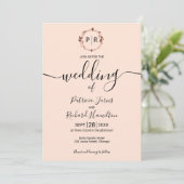 Peach Roos Monogram Calligraphy Photo Weddenschap Kaart (Staand voorkant)