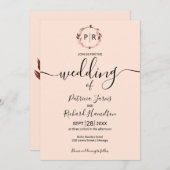 Peach Roos Monogram Calligraphy Photo Weddenschap Kaart (Voorkant / Achterkant)