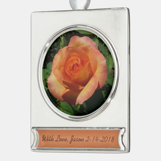 Peach Roos Oranje Floral fotografie Verzilverd Banner Ornament (Links)