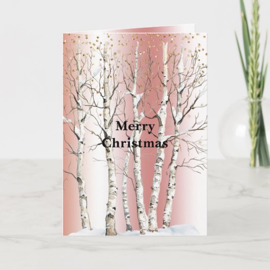 Peach Rose Birch Trees Gold Glitter Christmas Kaart (Voorkant)