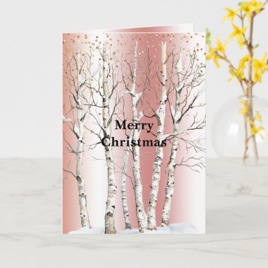 Peach Rose Birch Trees Gold Glitter Christmas Kaart (Gele Bloem)