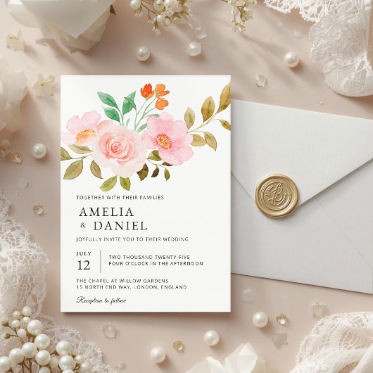 Peach Rose Floral Wedding Invitation Kaart
