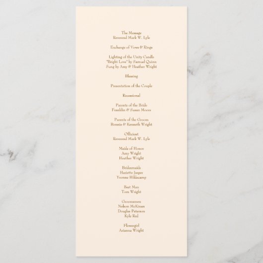 Peach Rose Wedding Programs Menu (Achterkant)