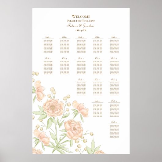 Peach Rose Wedding Seating Chart Poster (Voorkant)