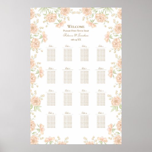 Peach Rose Wedding Seating Chart Poster (Voorkant)