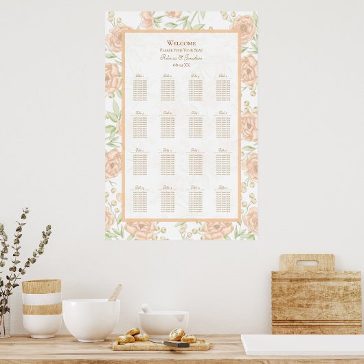 Peach Rose Wedding Seating Chart Poster (Keuken)