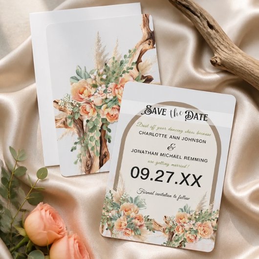 Peach Roses & Driftwood Save the Date Kaart