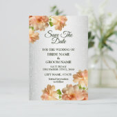 Peach Roses Floral Silver Glitter Elegant Wedding Save The Date (Staand voorkant)