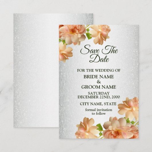 Peach Roses Floral Silver Glitter Elegant Wedding Save The Date (Voorkant / Achterkant)