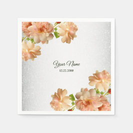 Peach Roses Floral Silver Glitter Wedding Party Servet