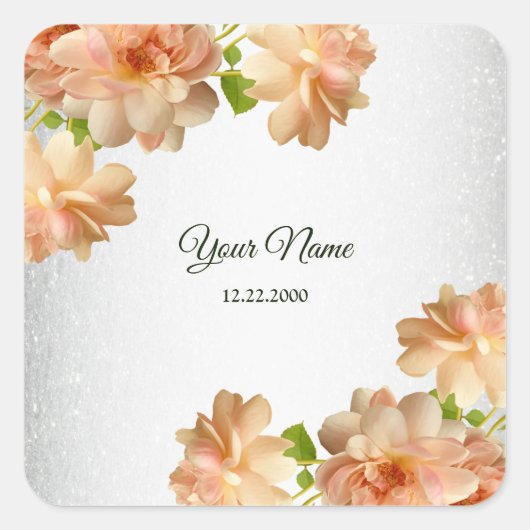 Peach Roses Floral Silver Glitter Wedding Party Vierkante Sticker (Voorkant)