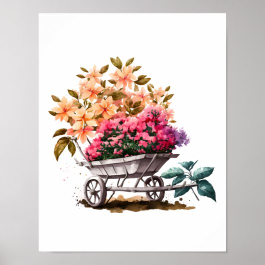 Peach roze bloemen in White Wheel Barrel Greenergy Poster (Voorkant)