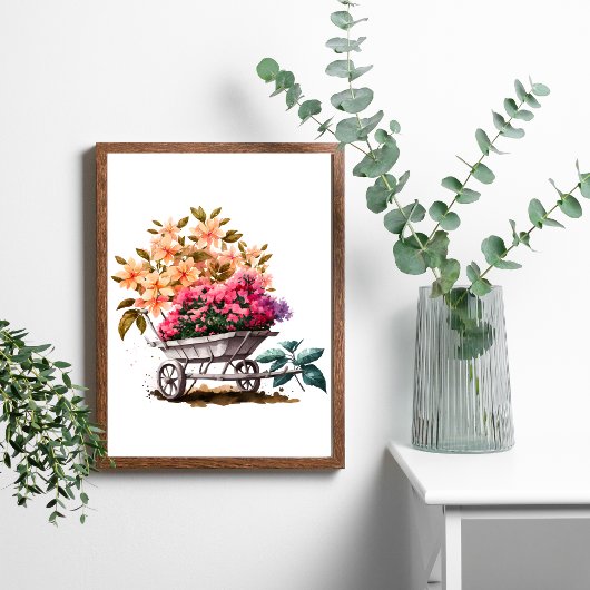 Peach roze bloemen in White Wheel Barrel Greenergy Poster