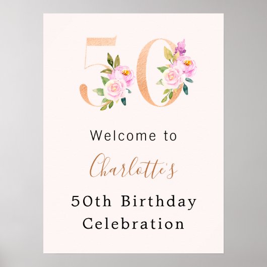 Peach roze bloemstukken nummer 50e verjaardag welk poster (Voorkant)