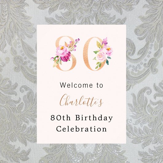 Peach roze bloemstukken nummer 80e verjaardag welk poster