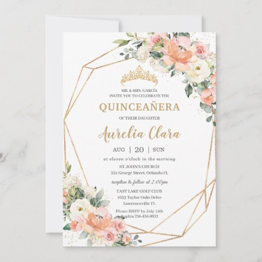 Peach roze Blush ivoor Floral 15th Quinceañera Kaart (Voorkant)