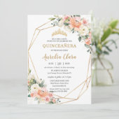 Peach roze Blush ivoor Floral 15th Quinceañera Kaart (Staand voorkant)