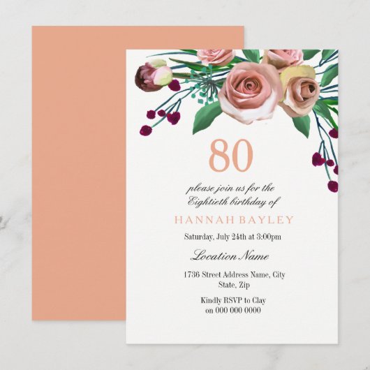 Peach roze Bourgogne Roos 80th Birthday Invitation Kaart (Voorkant / Achterkant)