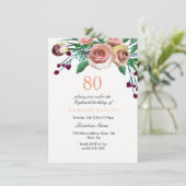 Peach roze Bourgogne Roos 80th Birthday Invitation Kaart (Staand voorkant)