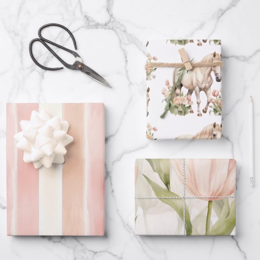 Peach Roze Crème Tulpen Strepen Paard Bloemen Inpakpapier Vel (Voorkant)
