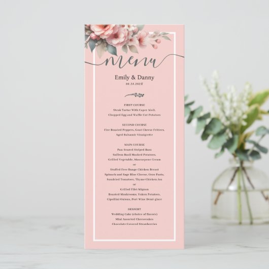 Peach Roze Elegant Botanisch Wedding Menu (Staand voorkant)