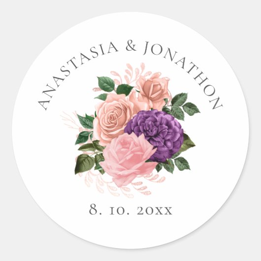 Peach roze en Paarse bloemen bruiloft Ronde Sticker (Voorkant)