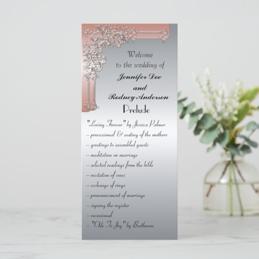 Peach Roze en Zilver Wedding Program Rack Kaart (Staand voorkant)