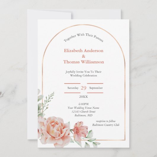 Peach roze Floral Arch Border Elegant Weddenschap Kaart (Voorkant)