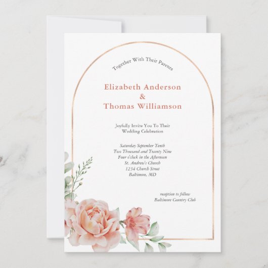 Peach roze Floral Arch Border Elegant Weddenschap Kaart (Voorkant)
