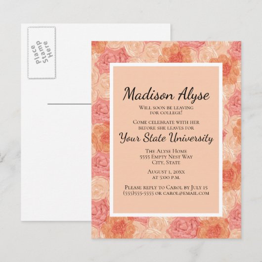 Peach roze Floral College Trunk Party Invitation Uitnodiging Briefkaart (Voorkant / Achterkant)