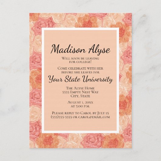 Peach roze Floral College Trunk Party Invitation Uitnodiging Briefkaart (Voorkant)