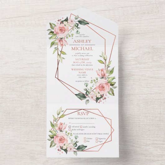 Peach roze Floral eucalyptus Weddenschap All In One Uitnodiging (Binnen)