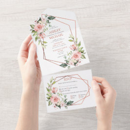 Peach roze Floral eucalyptus Weddenschap All In One Uitnodiging
