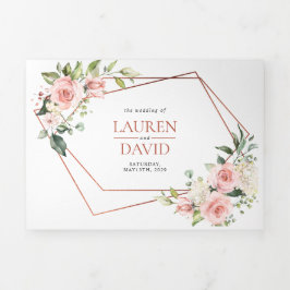 Peach roze Floral eucalyptus Weddenschap Drieluik Uitnodiging