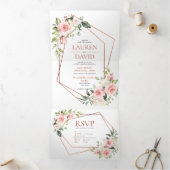 Peach roze Floral eucalyptus Weddenschap Drieluik Uitnodiging (Binnen)