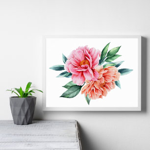 Peach roze Floral Flowers Peonies Wall Poster