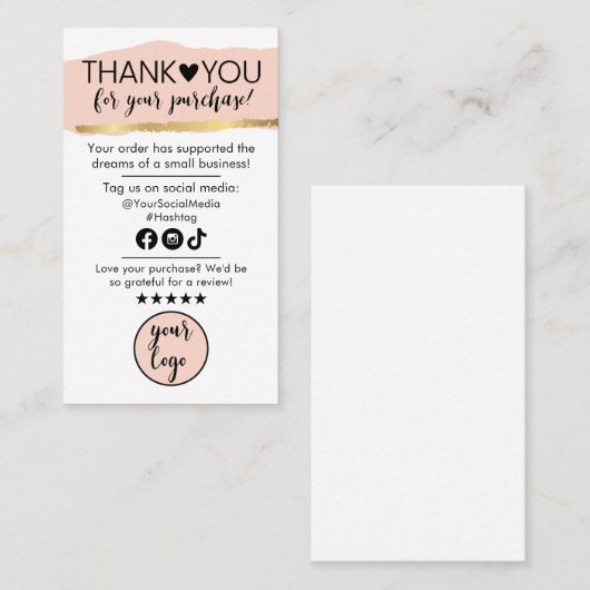 Peach roze Gold en Black Bedankt voor uw bestellin Visitekaartje (Voorkant / Achterkant)