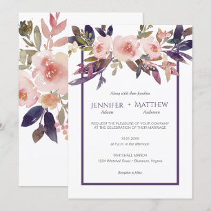 Peach roze lavender Waterverf Flowers Invitaties Kaart