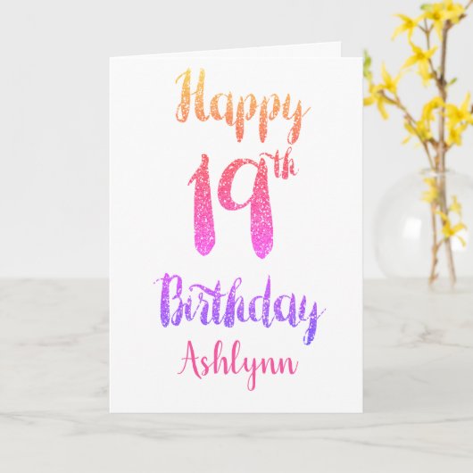 Peach roze Paars glitter 19th Birthday Kaart (Gele Bloem)