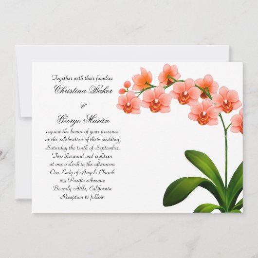 Peach roze phalaenopsis orchideeën bruiloft uitnod kaart (Achterkant)