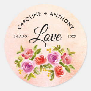 Peach roze rode Waterverf Floral bruiloft Ronde Sticker